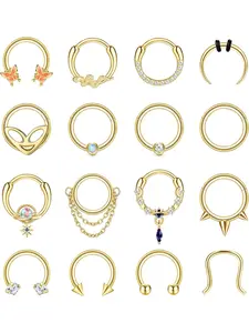 Trendy 16 Pcs Golden Shining 16G Septum Rings Hoops 303 Surgical Steel Copper Dangle Septum Jewelry for Women Men Septum Clicker Horseshoe Nose Rings Set Hoop Hinged Segment Daith Helix Tragus Cartilage Earrings Piercings