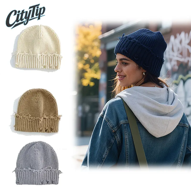 Distressed Y2K Knit Beanie Hat for Women Men, Vintage Ripped Slouchy Winter Hat, Soft Stretch Cuffed Skull Cap, Unisex Streetwear Fashion Beanie, Cozy Warm Retro Aesthetic Accessory for Fall Winter Outdoor Travel, Skiing, Hiking & Daily Wear