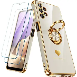 for Samsung Galaxy A32 5G Case with 2 Pack Screen Protector, 360° Rotatable Ring Holder [Luxury Hearts Pattern] Plating Gold Edge Slim Soft Phone Cover Case for Galaxy A32 - White