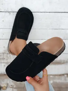 Women's Thick Sole Boken Half Slippers, Winter Half Slippers, Thick Bottom Slippers, Classic Design, Comfortable and Fashionable, Textile Material, Rubber Sole