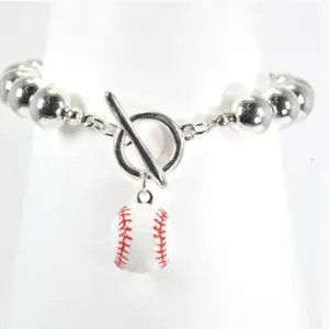 Baseball Charm Bracelet with Silver Beads and Toggle Clasp for Sports Fans