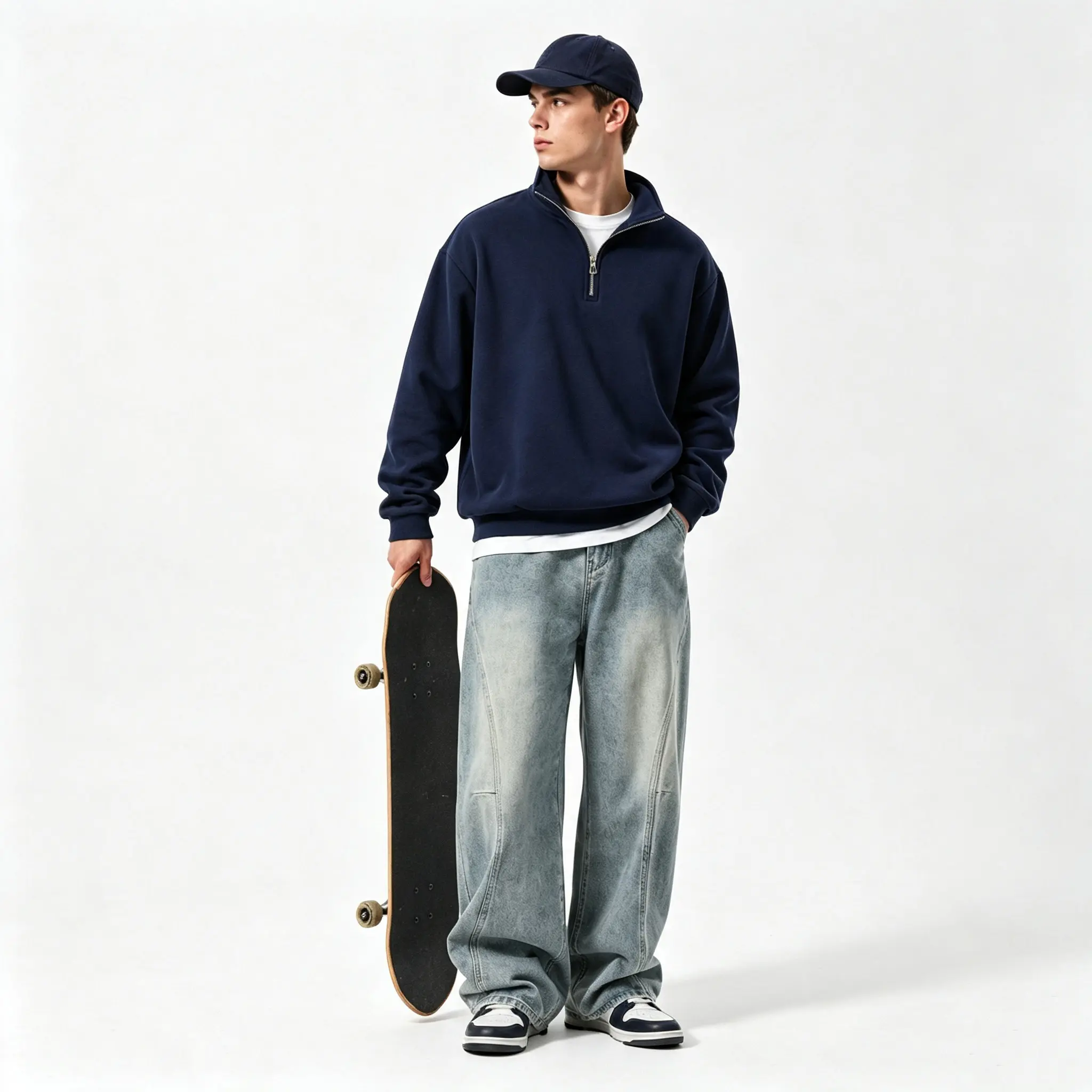 Men’s oversized quarter-zip stand collar sweatshirt with curved seams, wide-leg baggy jeans — 2-piece matching set; skateboard hip hop American vintage casual streetwear outfit Running Print Letter   cozy breathable two-piece outfit half-zip Men's sport