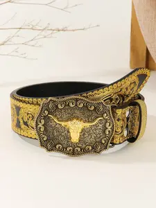 Men's Western Print Belt with Large Buckle, Vintage Bull Head Design, Durable Embossed Waistband, Stylish Retro Leather Belt, Western Concho Belts