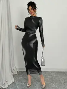 Elegant Women's Leopard Print Mesh Breathable Long Sleeve Ruched Bodycon Dress, Stylish Tight-Fitting Dress for Parties and Events, Fashionable Chic Summer Wear