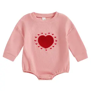 Valentine's Day Baby Girl Onesie Waffle Knit Romper Heart Embroidery Long Sleeve Jumpsuits Toddler Cute Clothes