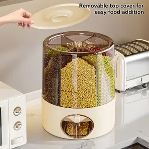 Rice Dispenser, Large Grain Container Storage with Lid Measuring Cylinder Household Cereal Dispenser Bucket , One-Click Output, 360°, 6-Grid Food Dispenser , Rotating Rice Bucket, For Kitchen Soybean Corn, SummerVibes