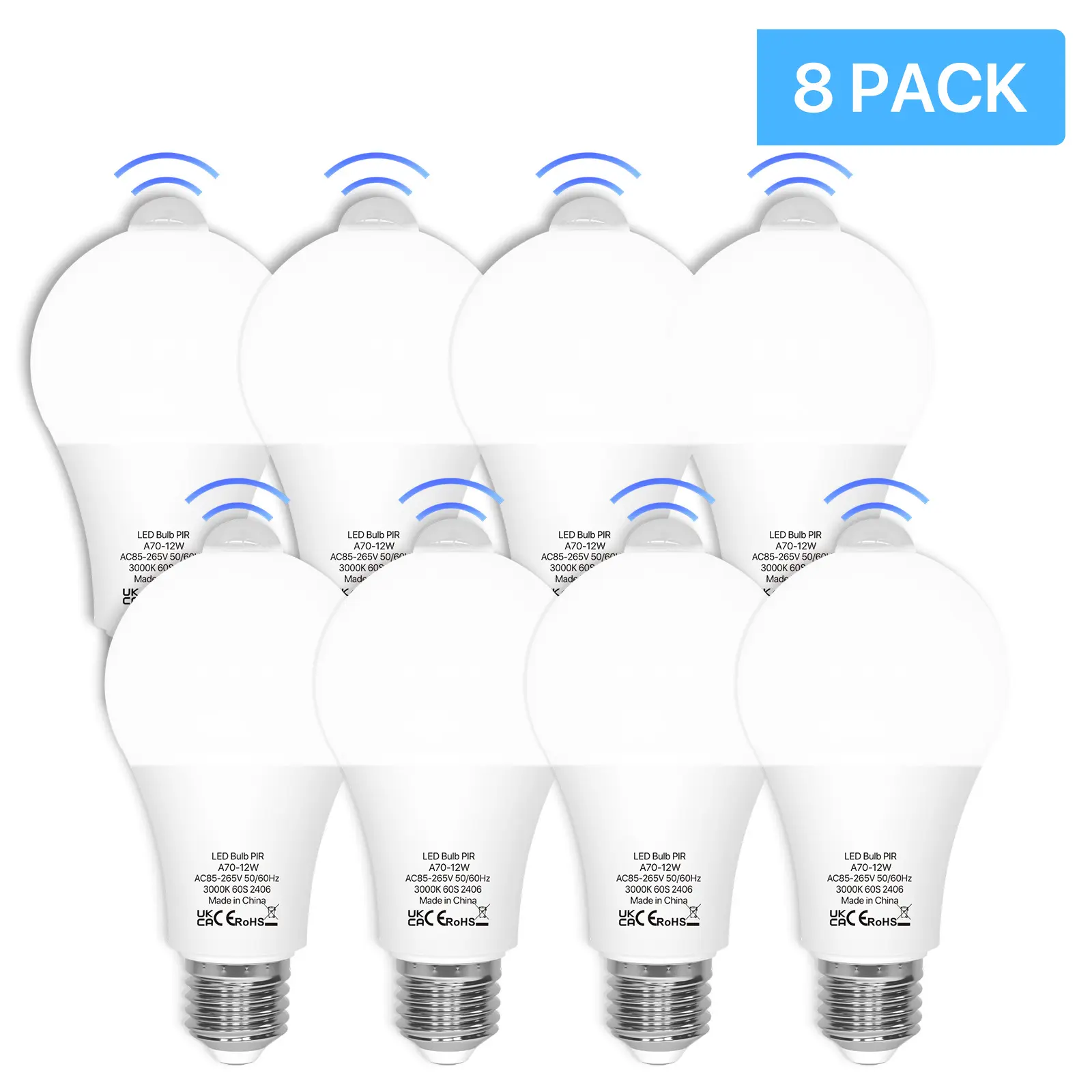 8-Pack Motion Sensor LED Light Bulbs, 12W A19 E26 6000K Cool White (100W Equivalent), Motion-Activated for Home Security, Front Door, Closets, Bathrooms