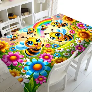 2D Flat Party Tablecloth 1pc, Cute Bee Floral Rainbow Design, Polyester Print Rectangular Tablecloth, Perfect for Home Decor, Parties, Holidays