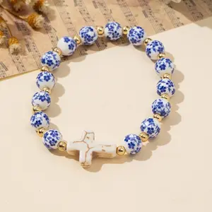 Blue Porcelain Cross Bracelet