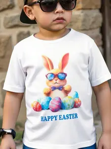 One Piece of Short-Sleeved T-Shirt for Boys Featuring a Cheerful Easter Bunny Wearing Glasses And Surrounded by Egg Prints, Perfect for Casual Summer Wear for Children Aged 3 to 13, Ideal for Easter Celebrations.