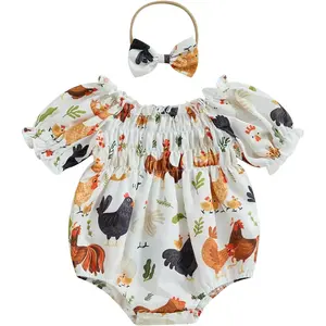 Newborn Baby Girl Farm Outfit Chicken Print Short Sleeve Romper Smocked Bodysuit Headband Infant Country Clothes