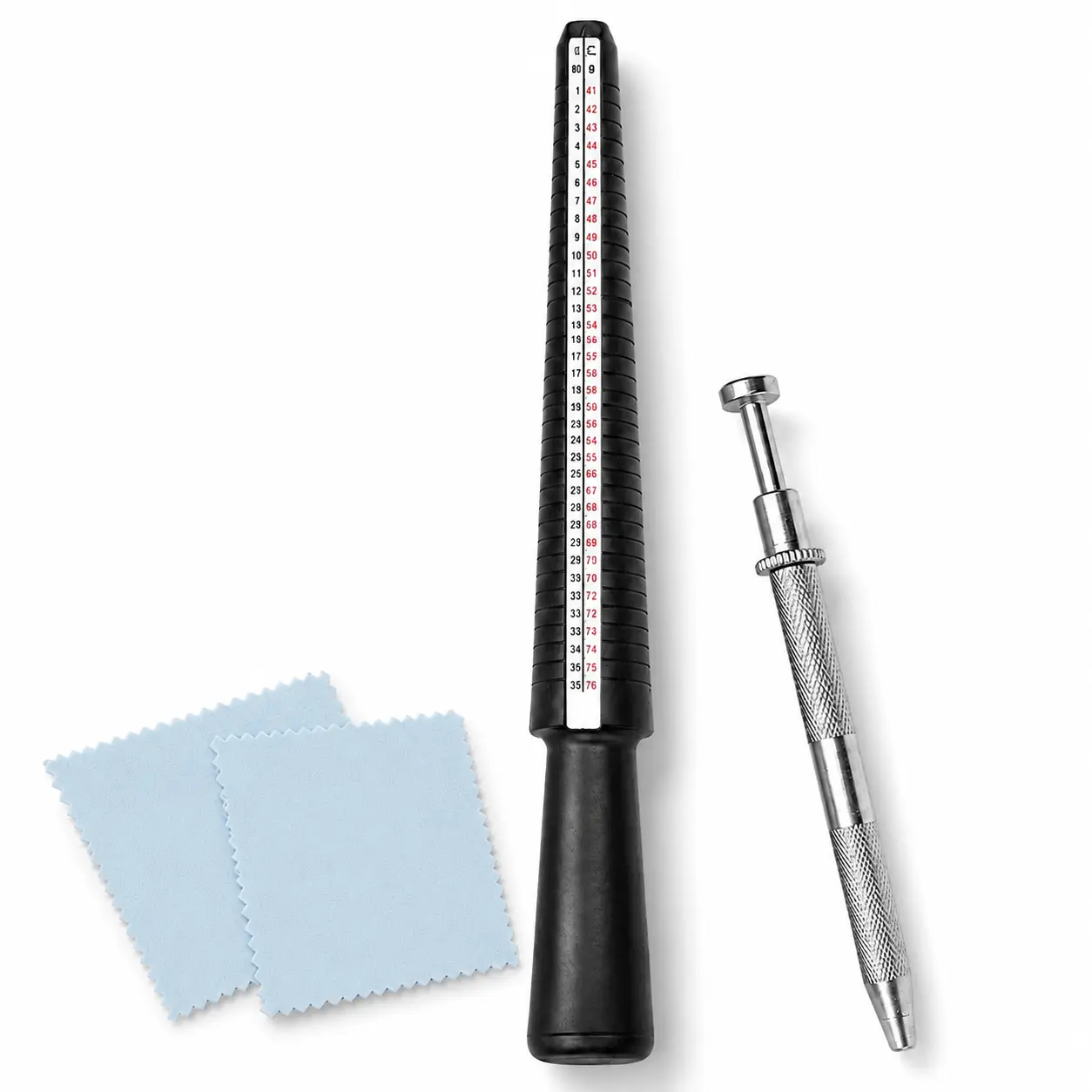 Ring Size Measuring Tool Kit with Ring Sizer Mandrel, Jewelry Gem Picker and 2 Polishing Cloths