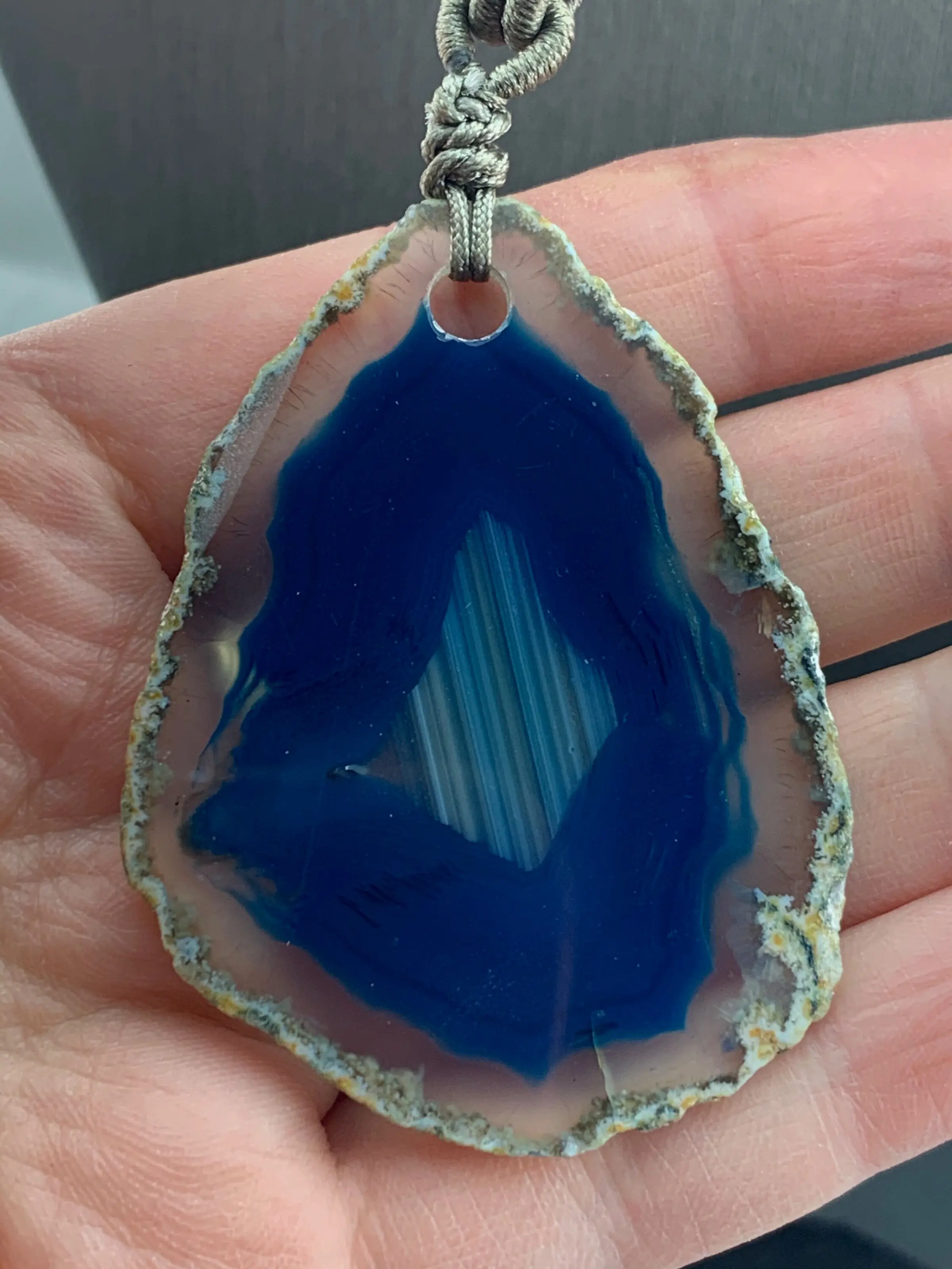 Blue Grey Agate Slice Pendant Necklace · Natural Crystal on Silk Cord · Boho Statement Gift for Her