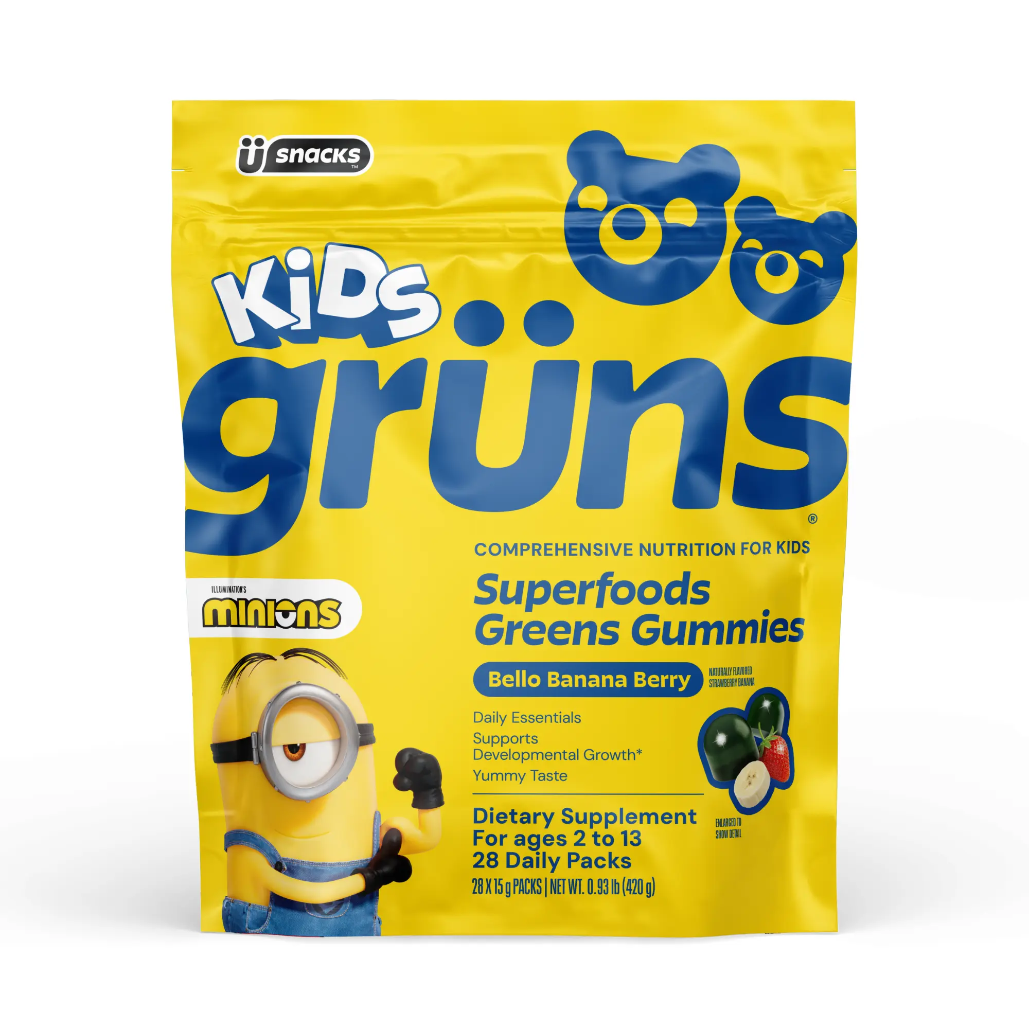 Grüns Kids x Minions Superfood Greens Gummies Bello Banana Berry (Limited Edition): Comprehensive kids nutrition with 60+ ingredients, 20+ Vitamins and Minerals, Prebiotics, Adaptogens, Strawberry Banana, Gluten Free, Vegan, Third Party Tested