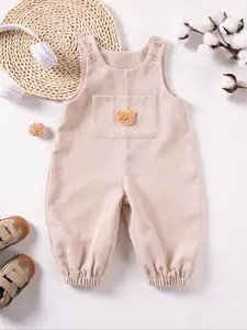 Baby Onesie with Pockets Cartoon Bear Design, Cute Casual Bib Pants Jumpsuit, Soft Comfortable Breathable Fabric for Spring & Fall, Baby Girl Clothes, Toddler Onesies
