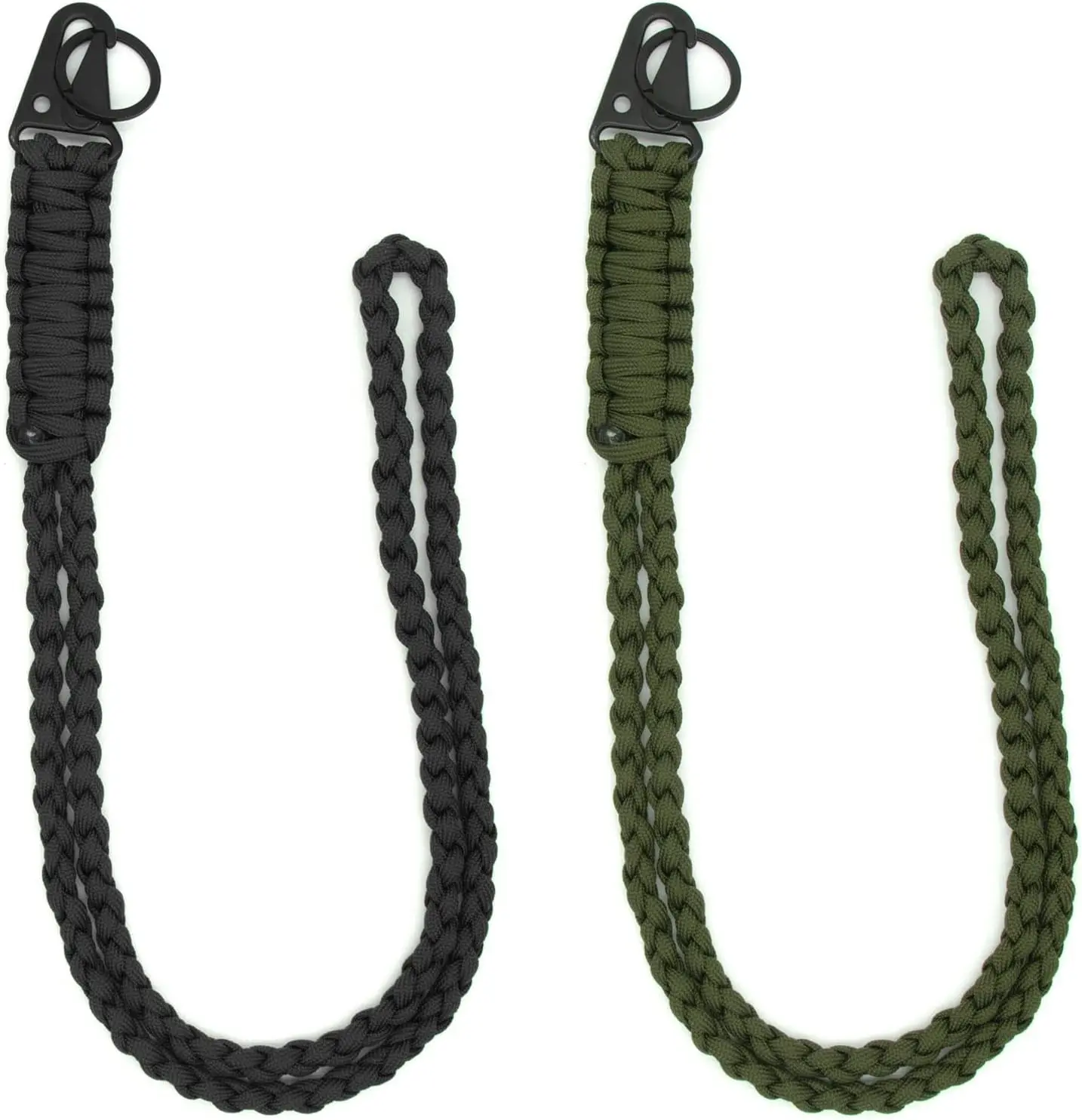 2 count Heavy Duty Paracord Lanyard Braided 550 Necklace Keychains Whistles Wrist Strap Parachute Rope for Outdoor Activities, Camera, ID Card Badge Holder, Wallet and  (Black + Olive Green)