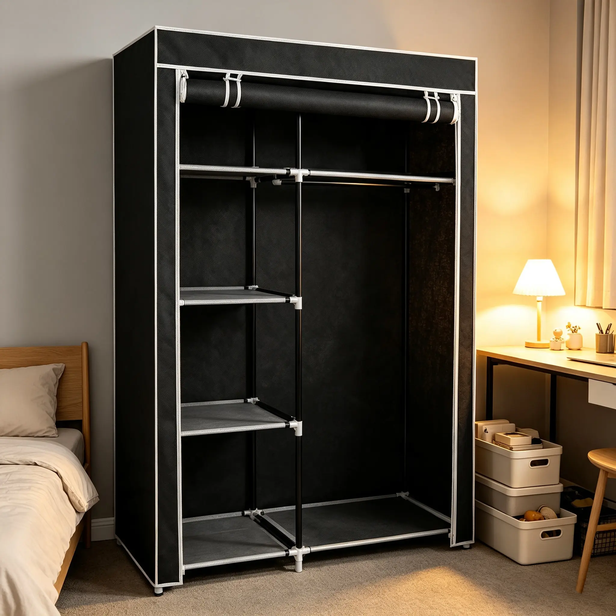 64" Portable Closet Storage Organizer Wardrobe Clothes Rack with Shelves Black