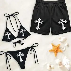 [HOT SWIMWEAR]  Cross Matching Couple Swimwear Set, Gothic White Cross String Bikini & Mes, Fun Gift for Couples Vacation