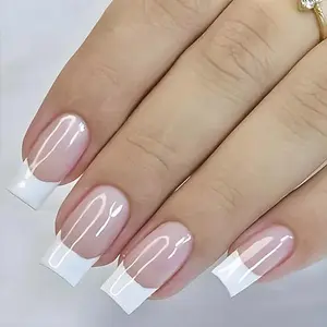 White French Tip Press on Nails Square Fake Nails Medium Length Nude Pink French Acrylic Full Cover Glossy Glue on Nails French Tip Nails False Nails Reusable Stick on Nails for Women Girls 24PCS
