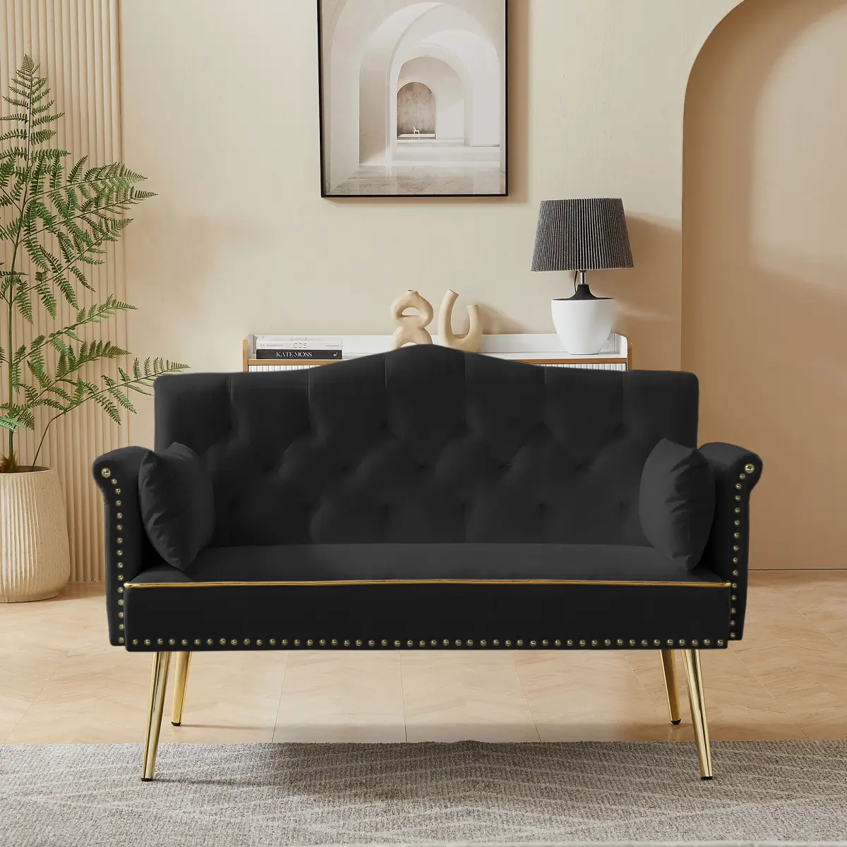55“ Modern Velvet Loveseat Sofa with Gold Metal Legs & Side Pockets, Tufted Backrest, Perfect for Living Room, Bedroom, or Office (Black)