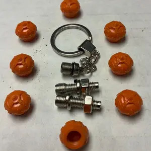 8 Red Crown Valve Stem Caps Color Orange, Key Chain, 2 License Plate Screws
