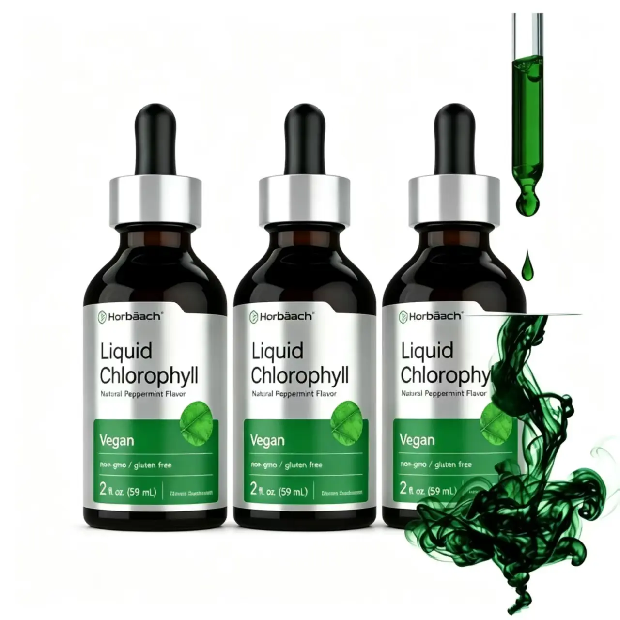 Horbäach Liquid Chlorophyll Drops, Natural Peppermint Flavor, Vegan Non-GMO Gluten Free, Liquid Chlorophyll Dietary Supplement, 2 fl oz (59 mL)