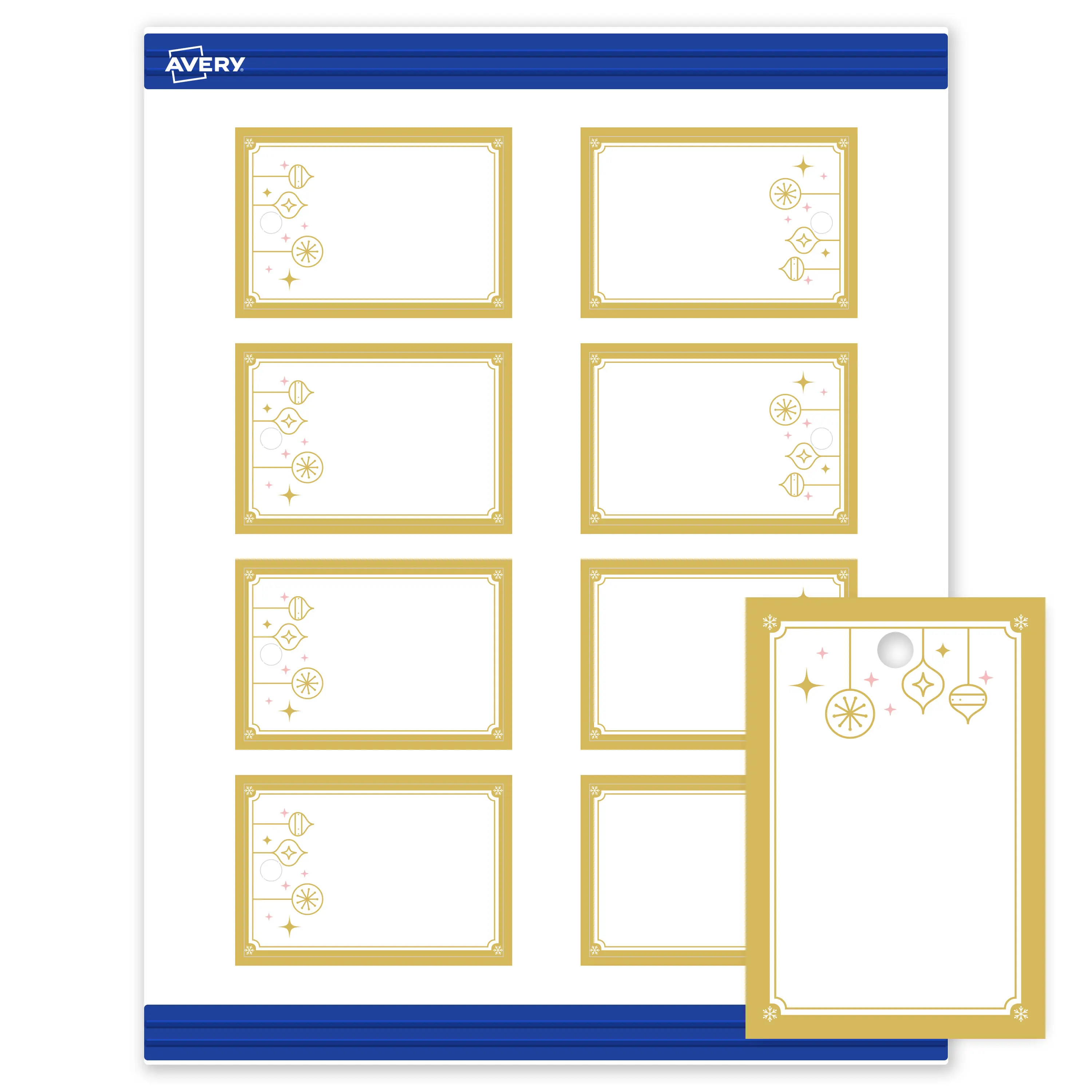 Avery® Printable Christmas Tags with Sure Feed® Technology, Rectangle, 2" x 3", Pre-Printed Metallic Gold Hanging Ornaments Design, Matte White, Laser & Inkjet Compatible, 80 Total