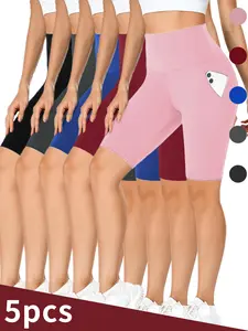 5pcs Women's High Waist Biker Shorts ,Soft Stretchy Spandex Workout Shorts for Yoga, Running & Athletic Activities, Summer Activewear