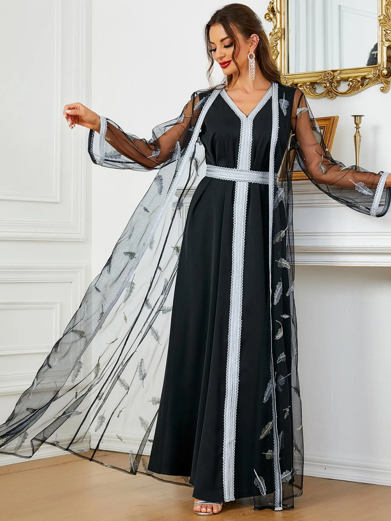 Women's Abaya & Arabic Dress Two-Piece Set, Feather Pattern Mesh Long Sleeve Abayas & V Neck Bow Back Decor Islamic Long Dress Outfits for Summer