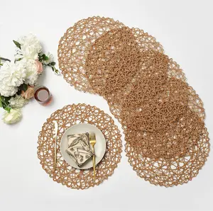 Round Woven Placemats Set of 12 for Dining Table, 15 Inches Paper Boho Decorative Circle Place Mats for Wedding Christmas Thanksgiving Day Holiday Dinner (Light Coffee Brown)