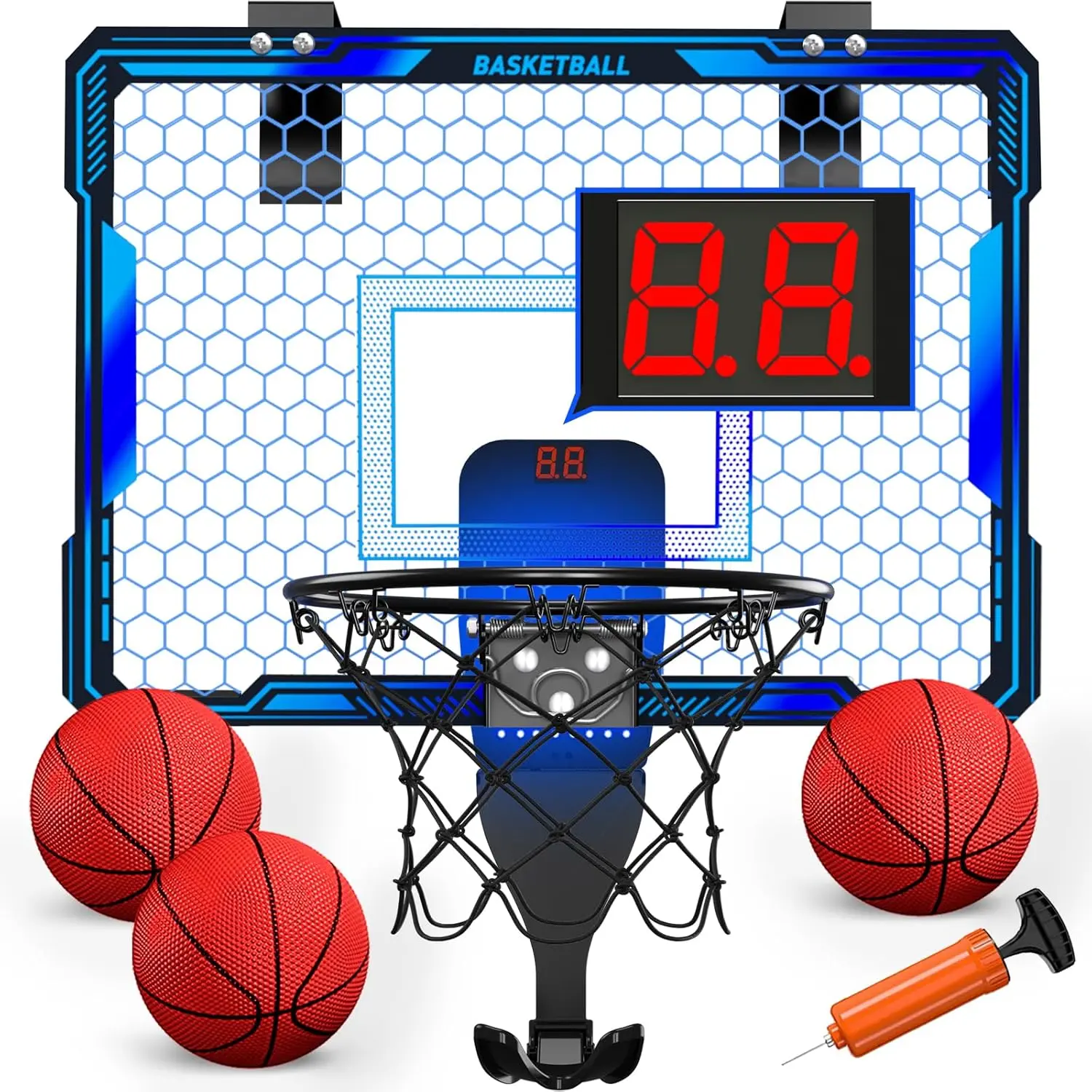 Mini Basketball Hoop Indoor with 7 LED Lighting/Scoreboard, Blue | Over The Door with 3 Modes/Foldable Rim, Wall Basketball Toy, Sport Decor Gifts for Kids Adult for Bedroom/Office
