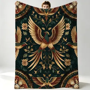 Luxury Symmetrical Phoenix Totem Flannel Fleece Blanket, Soft Lightweight Throw Blanket for Home Car Watching Drama Library Office Nap, Machine Washable, Housewarming Birthday Christmas Gift