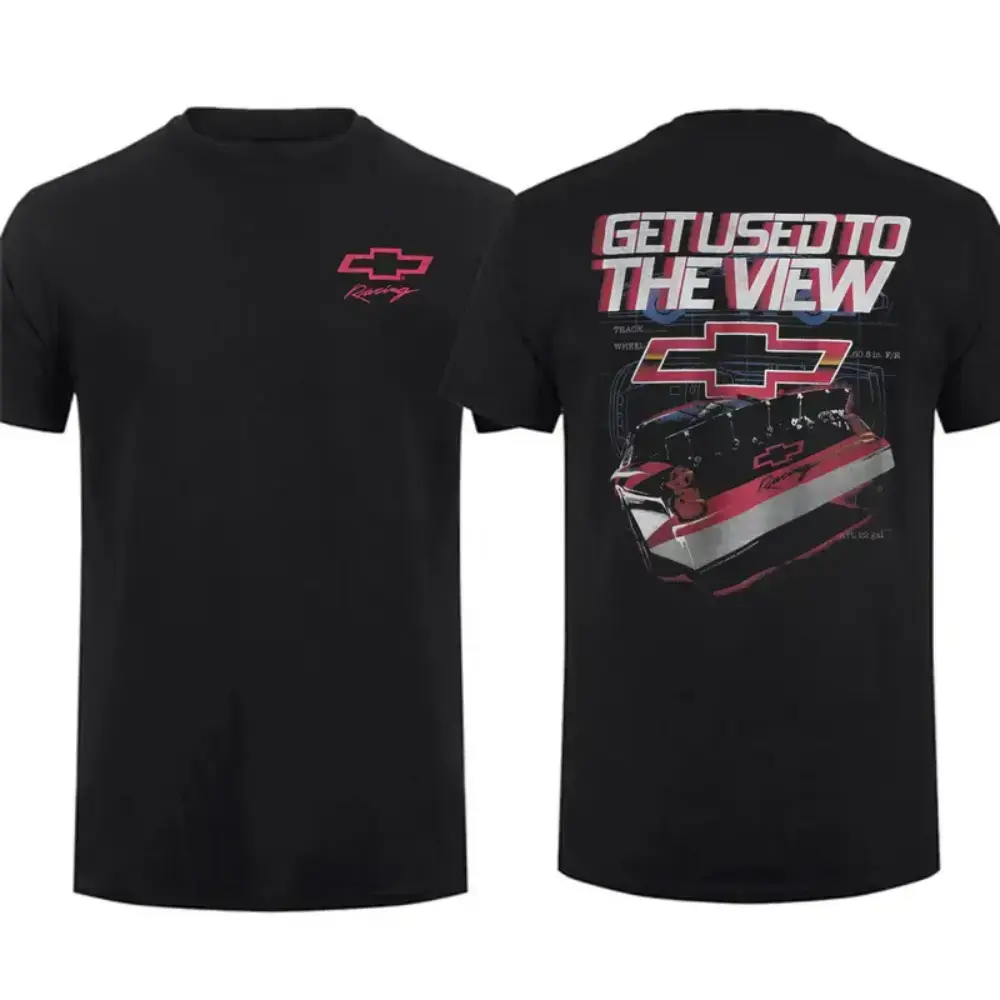 Chevy Racing T-Shirt, “Get Used to the View” Graphic Tee, Bold Chevrolet Bowtie Logo, Cotton Tee for Race Fans & Car Lovers, Trackside Style for Speed Enthusiasts zjy08