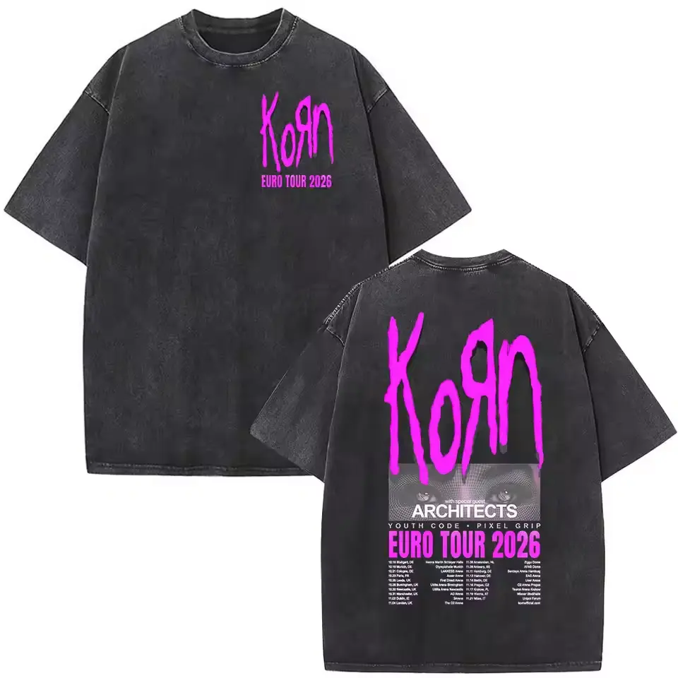 Korn Tour 2026 Merch Vintage Washed T Shirt Fan Gifts Metal Gothic Rock Band T Shirts Men Casual Oversized Short Sleeve T-shirt