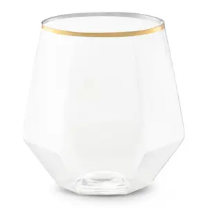 12 oz. Clear with Gold Rim Hexagonal Stemless Plastic Wine Goblets