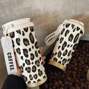 18oz Leopard Print Stainless Steel Insulated Cup Tumbler with Strap, Leak-Proof Durable Design, Straight Sipper & Straw, Perfect Gift