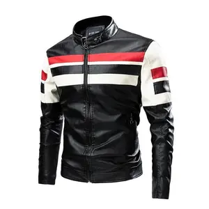 Fashionable color blocked PU leather racing men's motorcycle jacket, fully zippered closure, functional zipper pockets on both sides, suitable for riders' fashionable and durable motorcycle jacket, men's classic motorcycle equipment