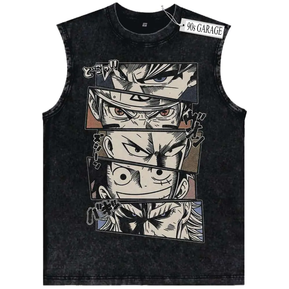 Men's Vintage Washed Anime Tank Top | Retro Manga Panel Collage Muscle Shirt | Distressed Acid Wash Graphic Vest | Casual Harajuku Streetwear Tee1