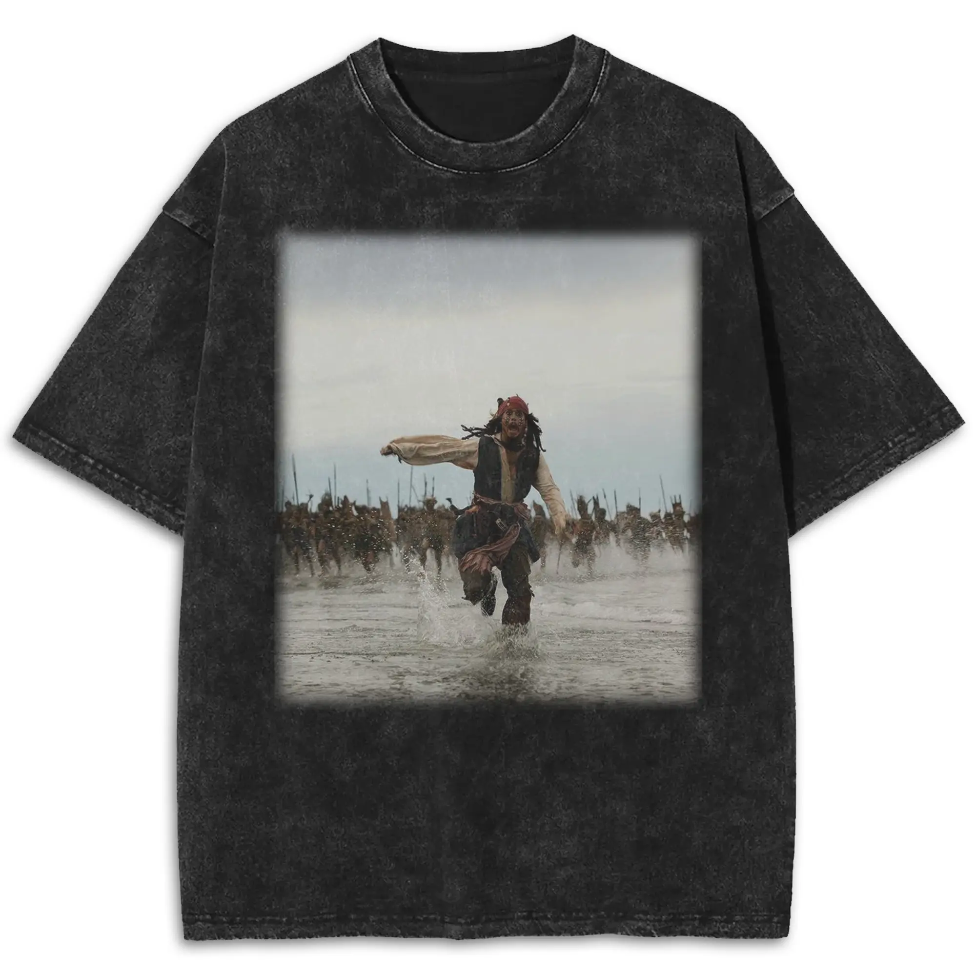 Funny Captain Jack Sparrow Acid Wash T-Shirt, Vintage Pirates of the Caribbean Movie Crewneck Shirt, Meme Johnny Running Menswear Streetwear