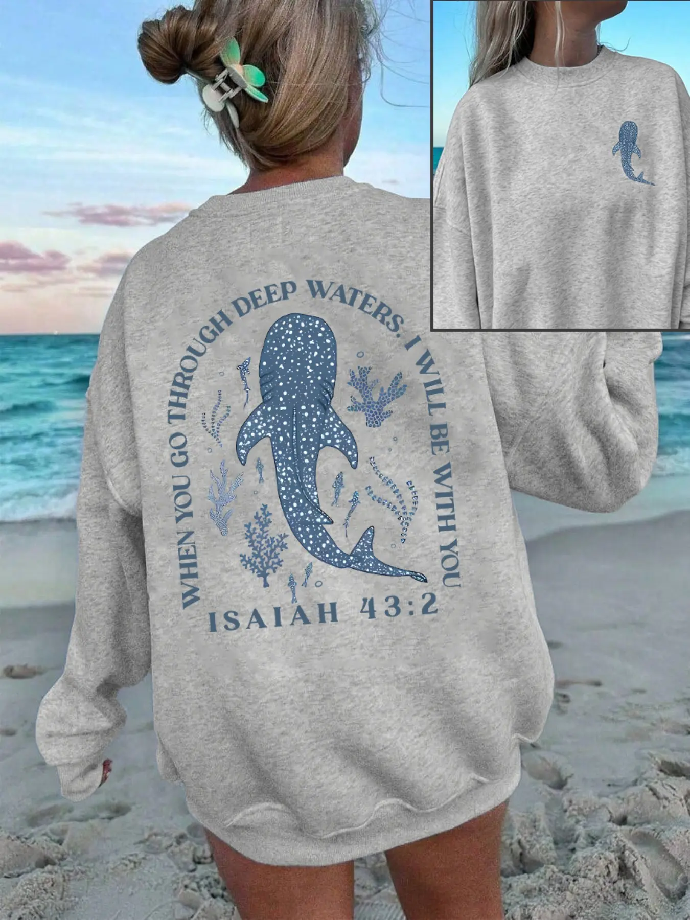 Christian Whale Shark Geometric Graphic Long Sleeve Sweatshirt - Isaiah 43:2 Inspirational Quote Double Print Light Gray Beach Aesthetic Casual Fitted Lady Top Womenswear