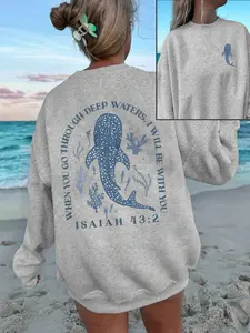 Christian Whale Shark Geometric Graphic Long Sleeve Sweatshirt Womenswear - Isaiah 43:2 Inspirational Quote Double Print Light Gray Beach Aesthetic Casual Fitted Crewneck Top