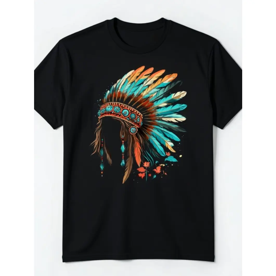 Feather Headdress Graphic Tee Vintage Western Streetwear Crew Neck Short Sleeve Cotton Shirt for Men Festival Outfit Everyday Casual Fit