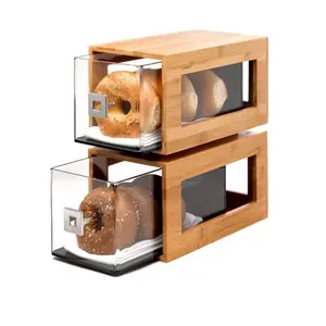 212 MAIN Natural Bamboo Bakery Column Kitchen Utensils Container with 2 Small Acrylic Drawers, Kitchen Preserving Container, Glass Top Storage Solution