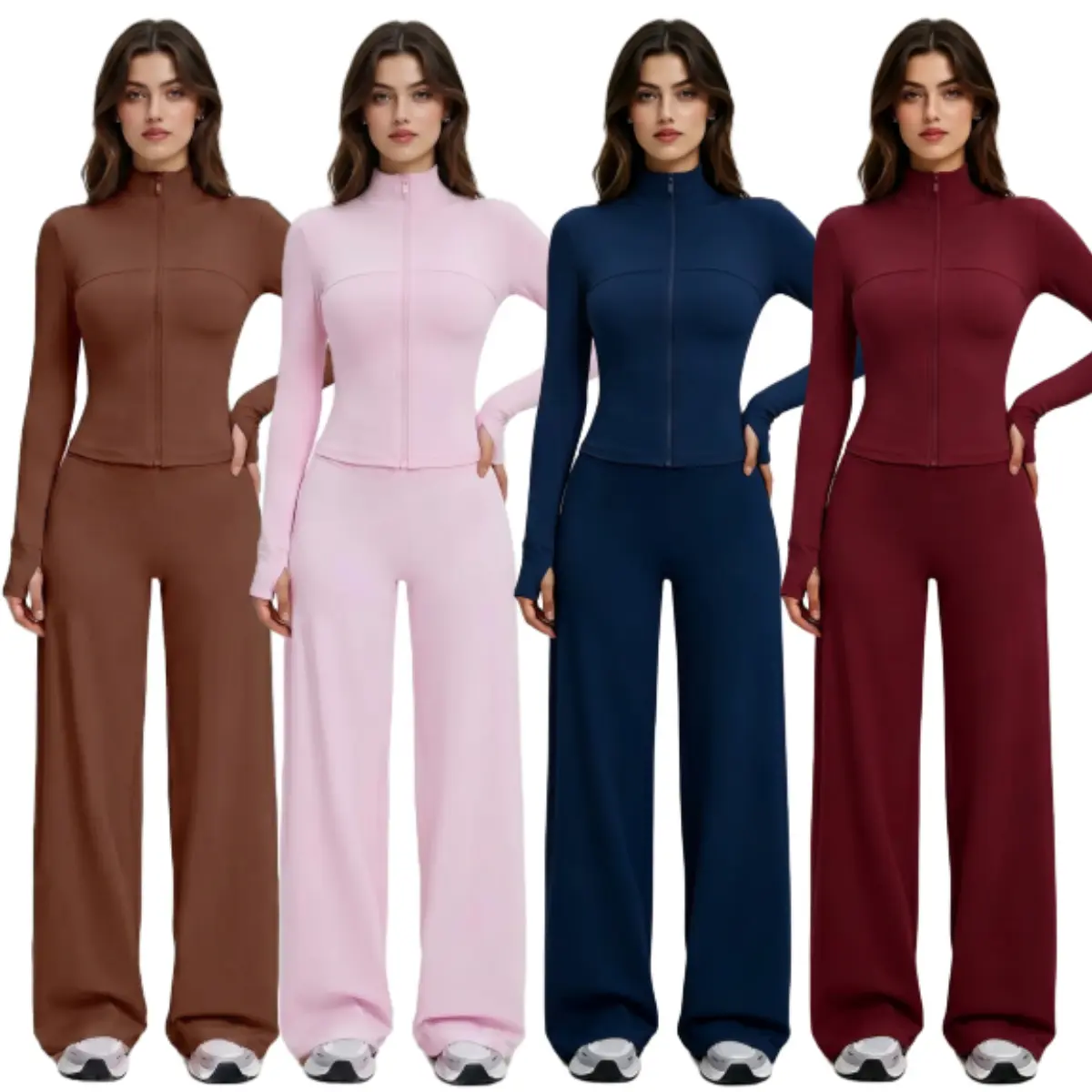 Women's 2-Piece Athleisure Workout Set, Zip Up Long Sleeve Compression Jacket, High Waist Butt Lifting Wide Leg Jogger Pants, Casual Activewear Tracksuit for Gym & Jogging