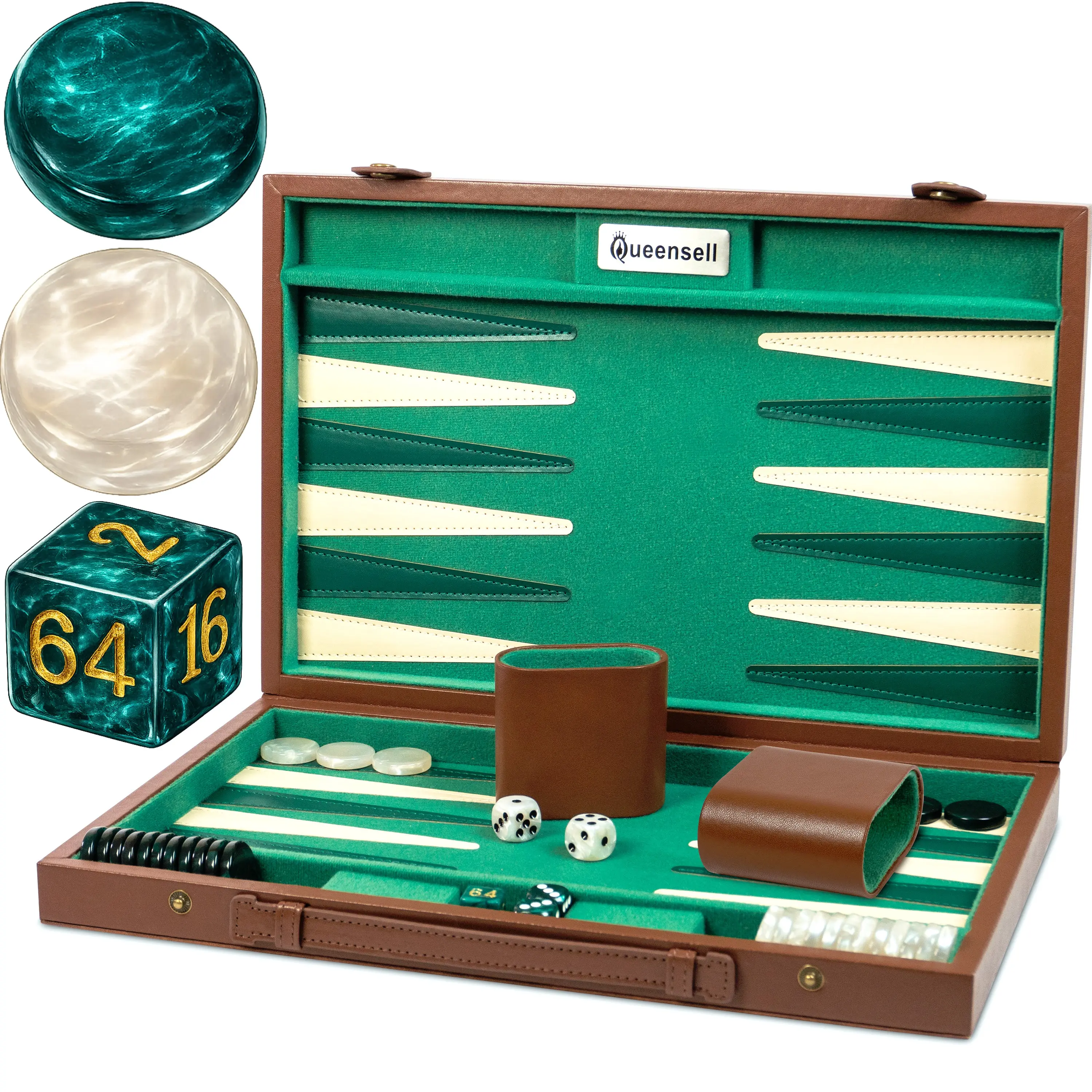 Queensell Backgammon Sets for Adults - 15-Inch Green Faux Suede Board with 32 Wooden Chips & 4 Dice - Portable & Travel-Friendly Design - Perfect Gift Idea