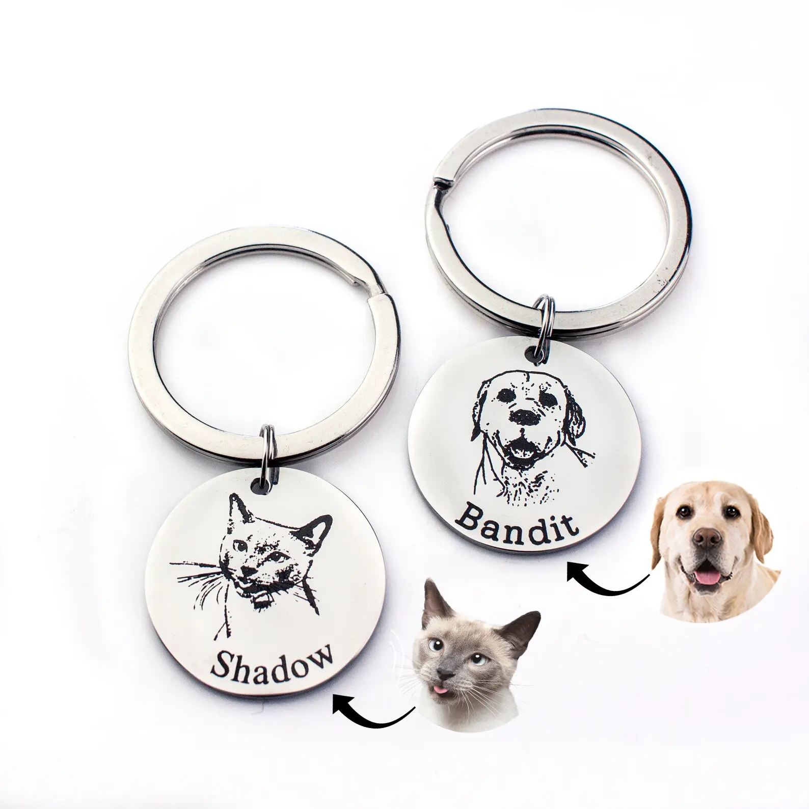Actual Pet Portrait Circle Keychain, Real Pet Photo Keychain, Cat or Dog Name Memorial Gift, Personalized Custom Engraved Pet Keychain for Pet Owner
