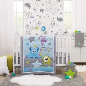 Disney Monsters, Inc. Cutest Little Monster Turquoise, Green, Purple, and Gray, Sully, Mike, and Randall 3 Piece Nursery Crib Bedding Set - Comforter, Fitted Crib Sheet, and Crib Skirt