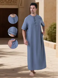 Men's Round Neck Half-Button Short Sleeve Long Shirt, Loose-Fit Breathable Long Robe, Comfortable Plus Size Men's Clothing