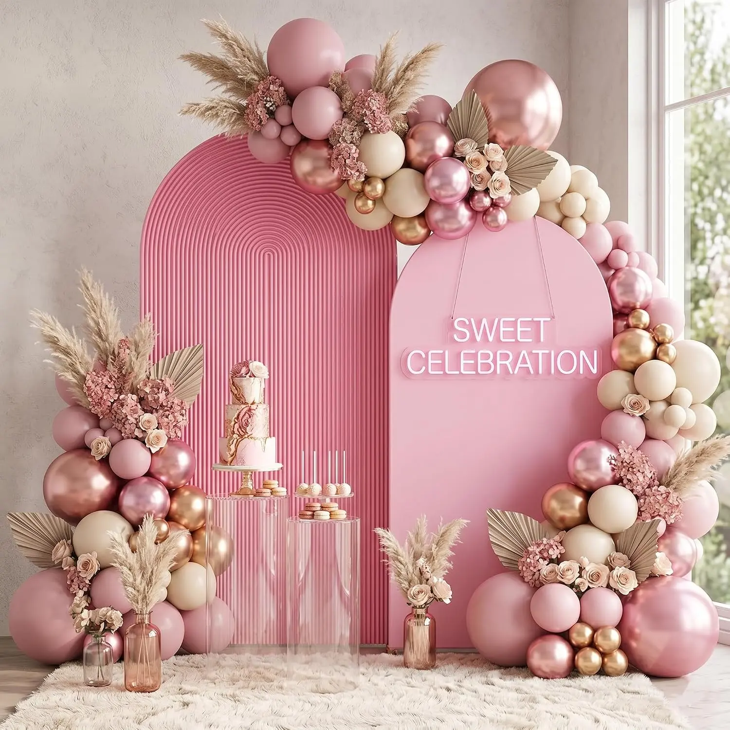 2 PCS Arch Backdrop Cover Set 7.2ft & 6ft, Ribbed-Look Print Spandex Fitted Wedding Arch Cover for Metal Stand, Stretch Photo Background for Birthday,arch covers backdrop, Baby Shower (Ripple Pink)