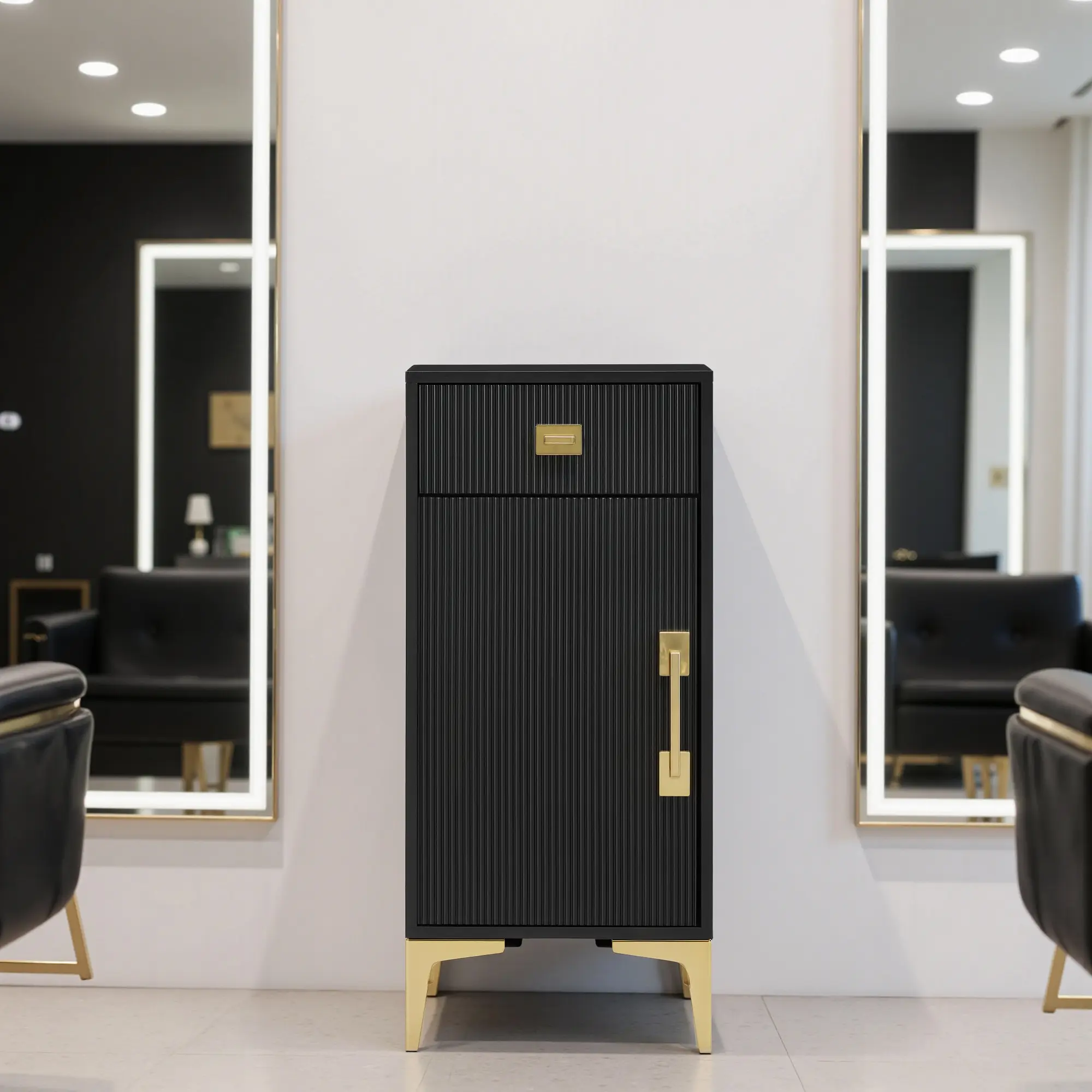 Black Fluted Salon Cabinet - Barber Station with Golden Handle for Salon Organization 2027 Black Fluted Salon Cabinet - Barber Station with Golden Handle for Salon Organization 2027